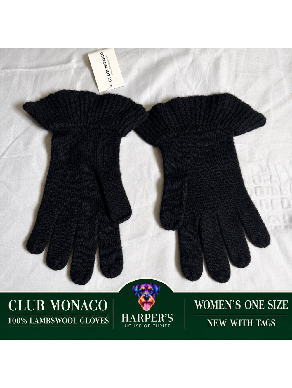 Club Monaco Women's Ruffle Cuff Knit Gloves 100% Lambswool Black One Size NWT